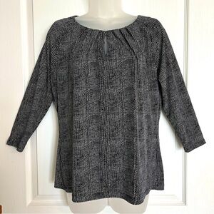 Liz Claiborne Blouse Top 3/4 Sleeve Black White Dot Keyhole Neck Size Medium